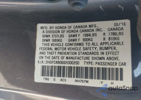 2016 Honda Civic Lx-P из США, поврежденный, VIN 2HGFC4B06GH300350